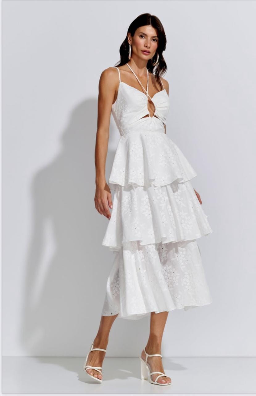 Vestido Maxi Midi Camadas Bordado Garden