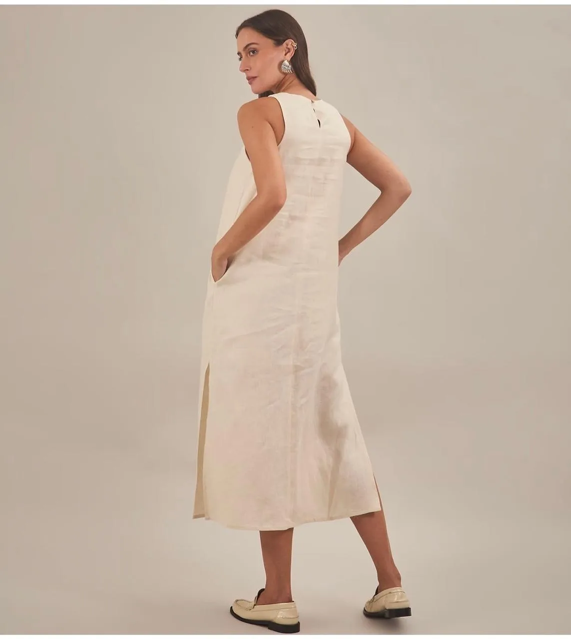 Vestido Linho Natural Color Com Bolso - Imagem 6
