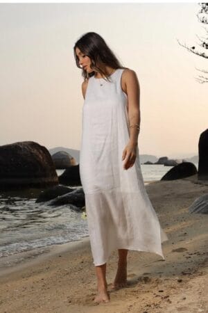 Vestido Linho Natural Color Com Bolso