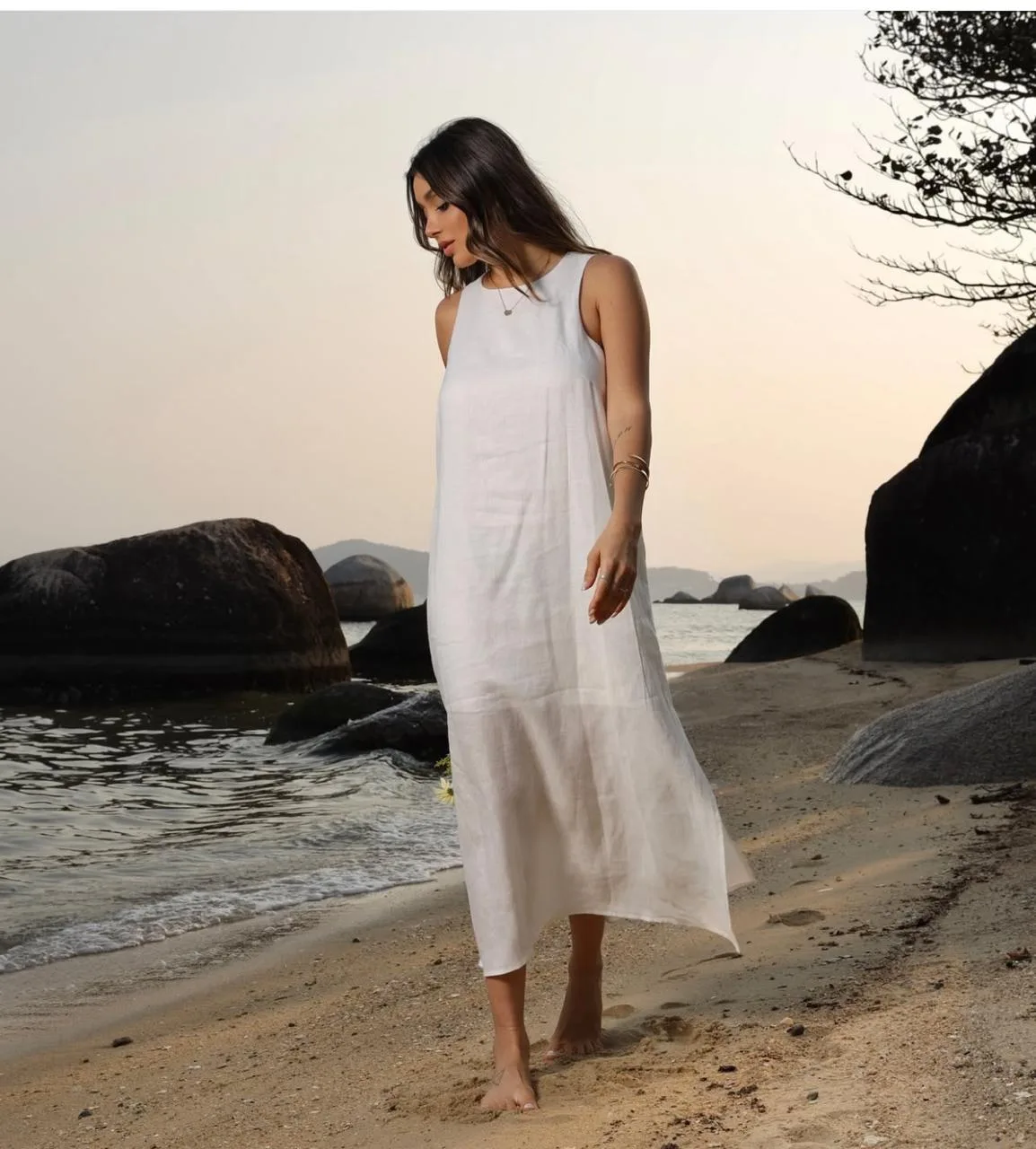 Vestido Linho Natural Color Com Bolso