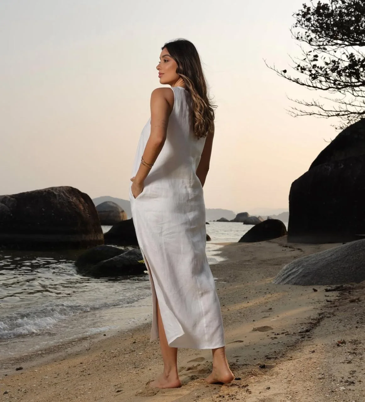 Vestido Linho Natural Color Com Bolso - Imagem 2