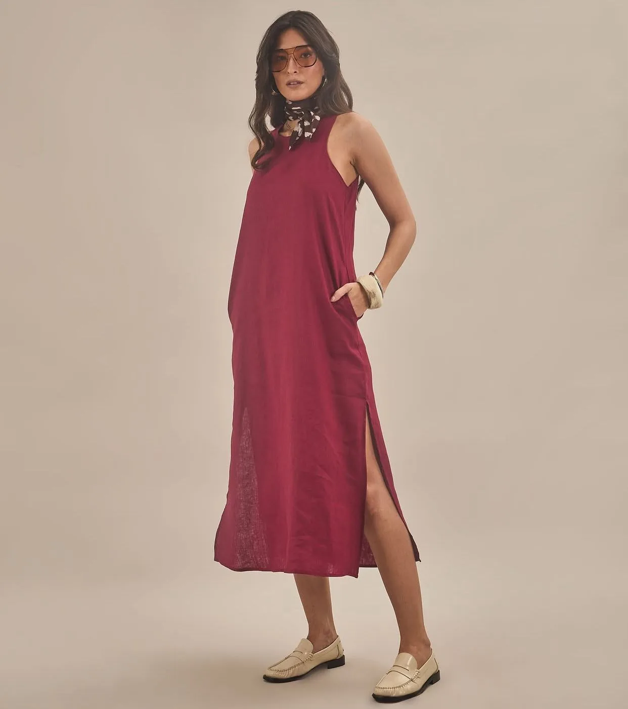 Vestido Linho Natural Color Com Bolso - Imagem 7