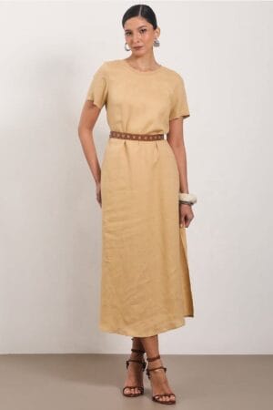 Vestido Basic Linho Fenda Lateral Com Retilinea