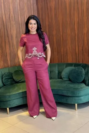 Conjunto Linho Natural Com Bordado Calça Wide Leg