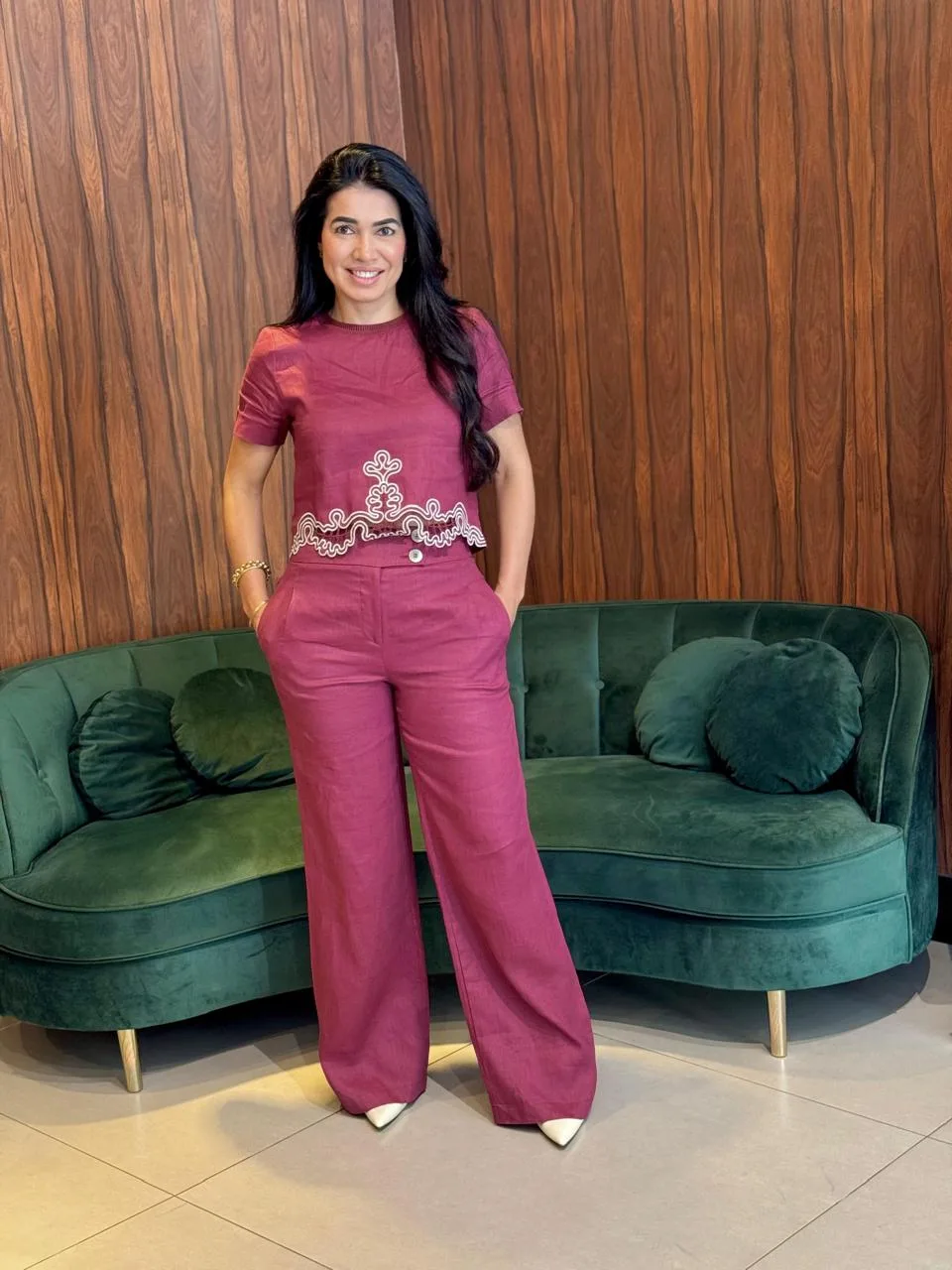 Conjunto Linho Natural Com Bordado Calça Wide Leg