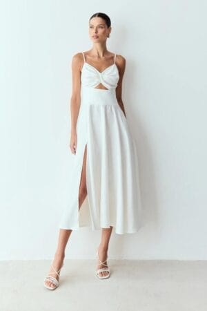 Vestido Midi Torção Busto e Recorte Frontal