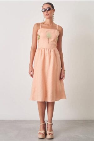 Vestido Alça Linho Natural Com Bordado