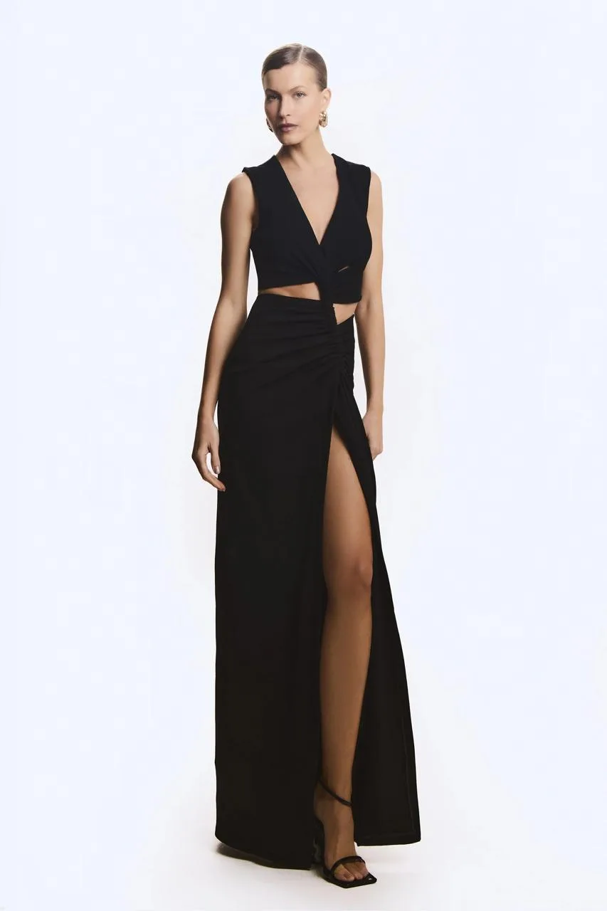 Vestido Longo Drapeado Com Canaleta Frontal