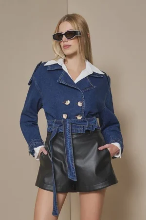 Jaqueta Jeans Feminina Cropped Com Pesponto - Blue Denim