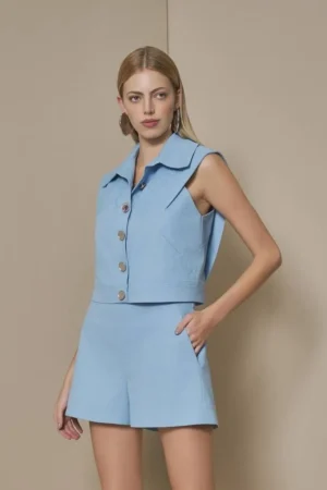 Conjunto Feminino Blusa Botões E Short Bolsos -