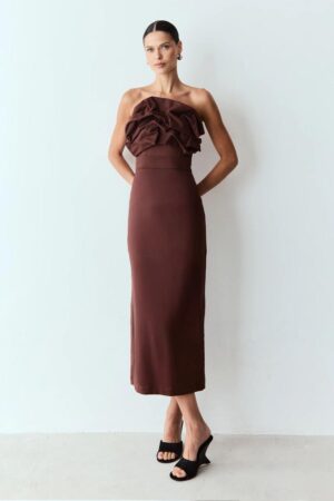 VESTIDO MIDI SOBREPOSICAO DRAPEADA DECOTE