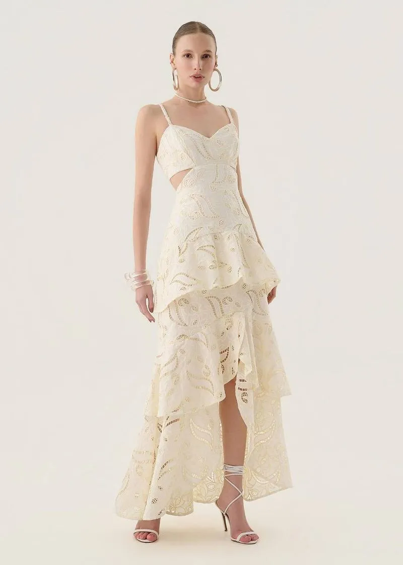 Vestido Maxi Midi Babados Bordado Bloom - Off White