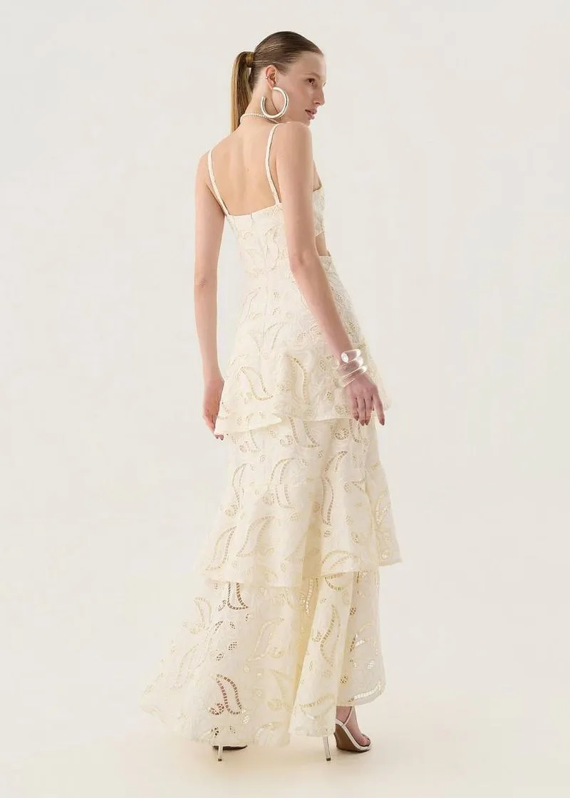 Vestido Maxi Midi Babados Bordado Bloom - Off White - Imagem 5