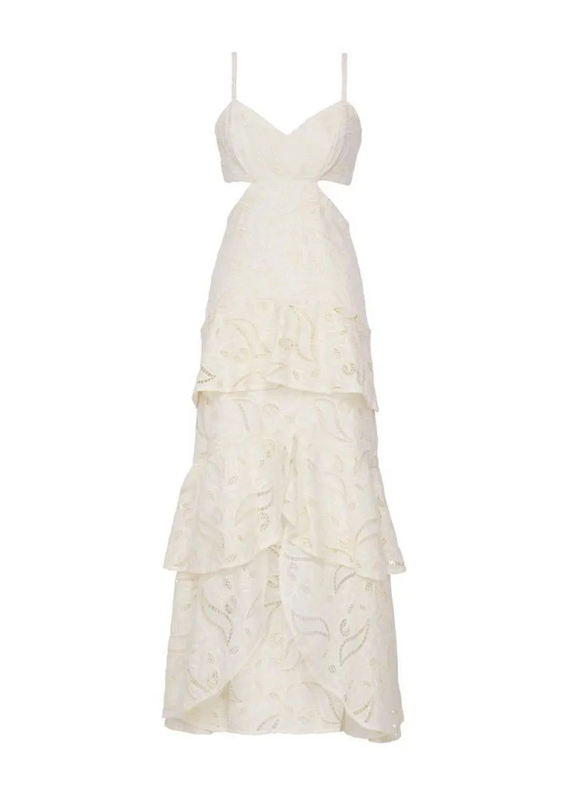 Vestido Maxi Midi Babados Bordado Bloom - Off White - Imagem 2