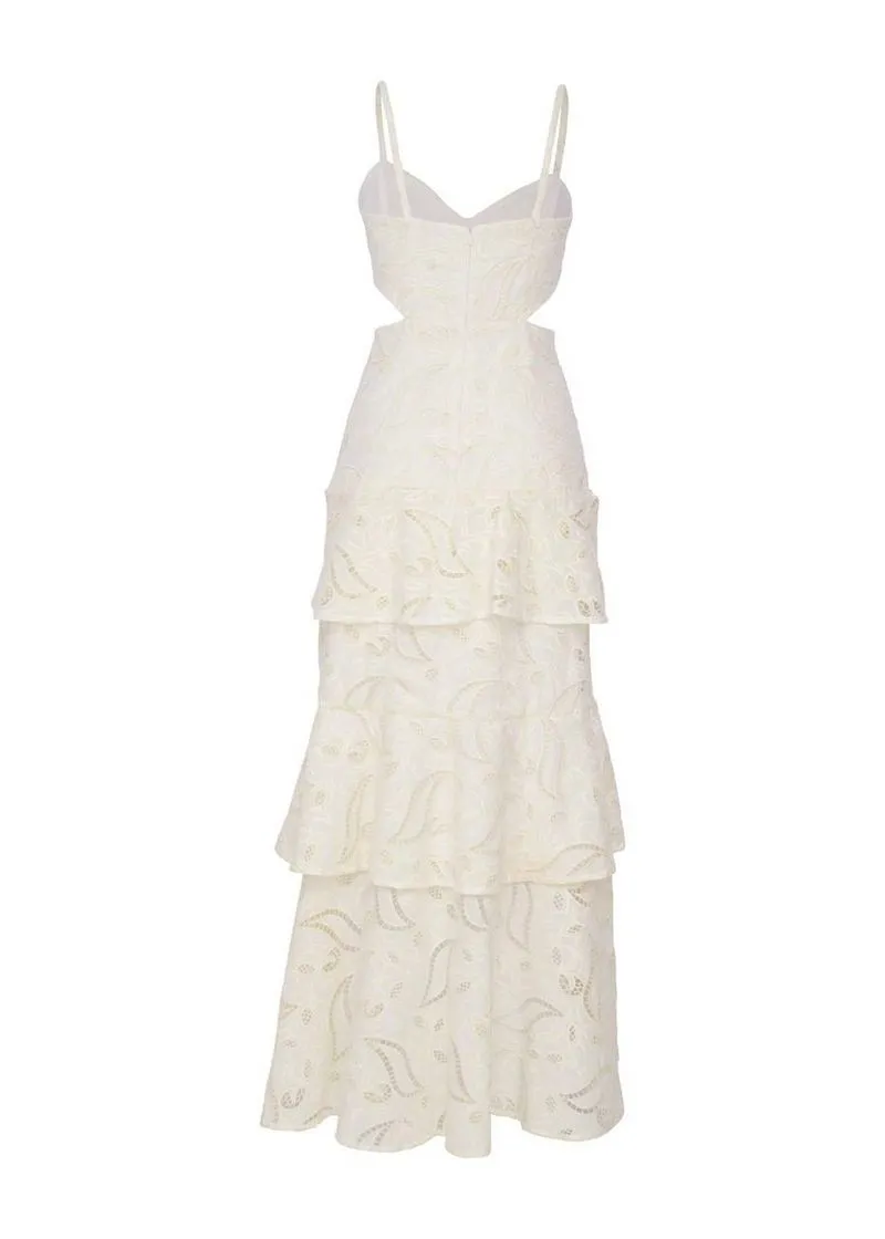 Vestido Maxi Midi Babados Bordado Bloom - Off White - Imagem 3