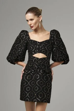 Vestido Curto Linen Glam Mangas Bufantes E Paetê