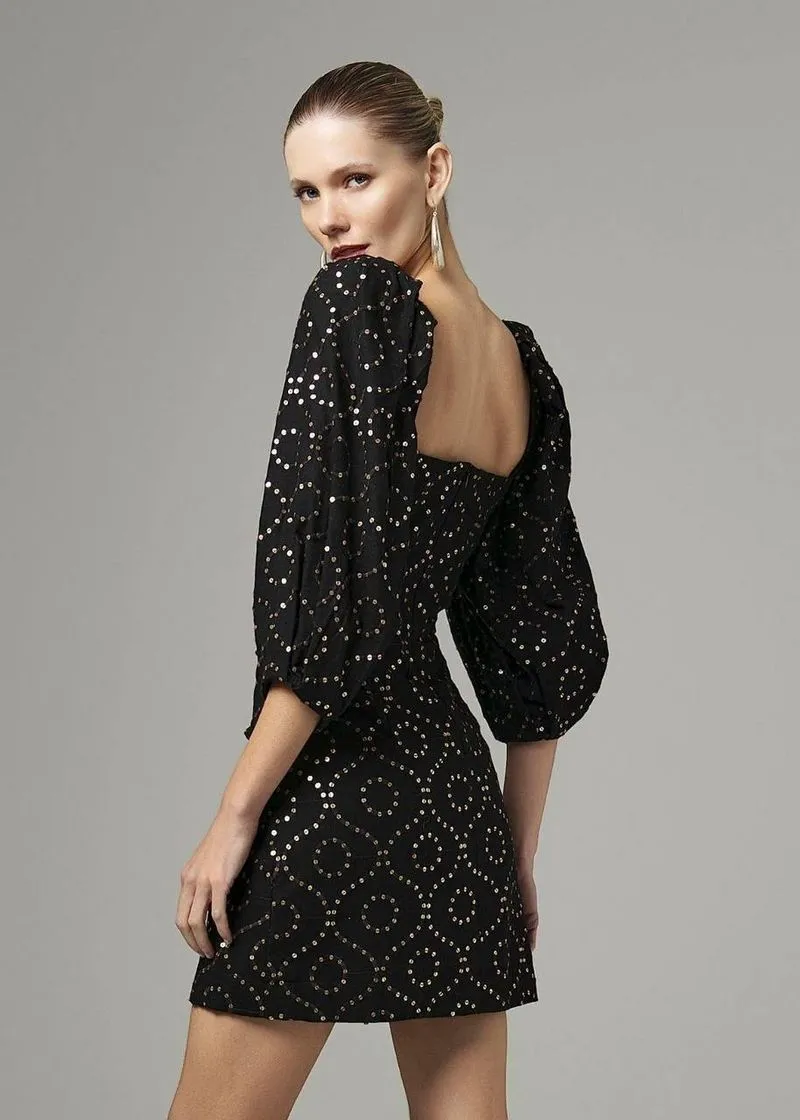 Vestido Curto Linen Glam Mangas Bufantes E Paetê - Imagem 3