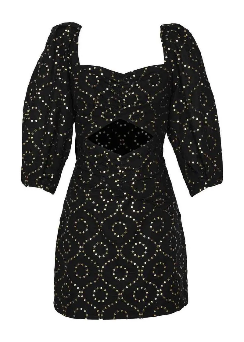 Vestido Curto Linen Glam Mangas Bufantes E Paetê - Imagem 4