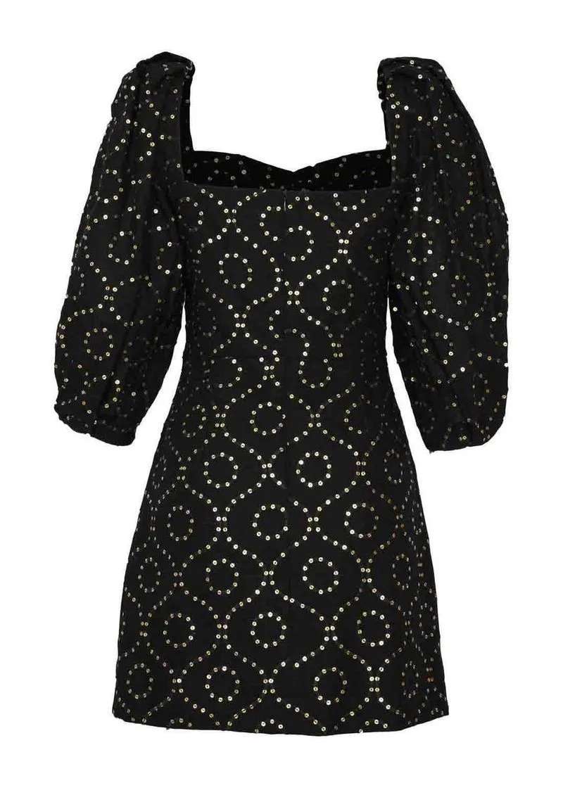 Vestido Curto Linen Glam Mangas Bufantes E Paetê - Imagem 5