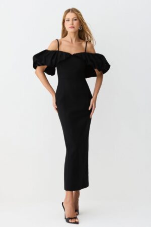 VESTIDO MIDI OMBRO A OMBRO MANGAS BUFANTES ESTRUTURADO