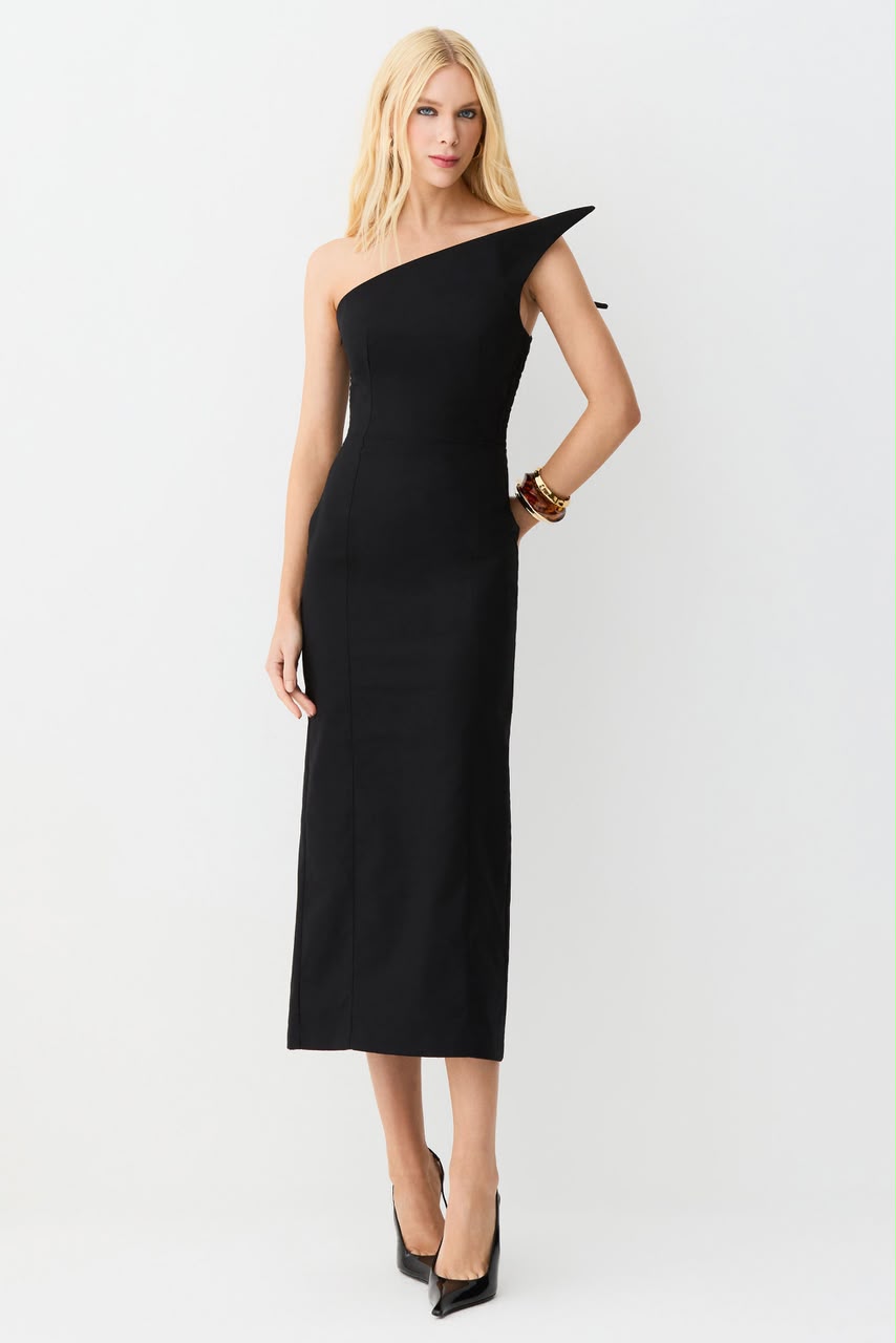 VESTIDO MIDI RECORTE ASSIMETRICO ESTRUTURADO DECOTE PRETO - Imagem 3