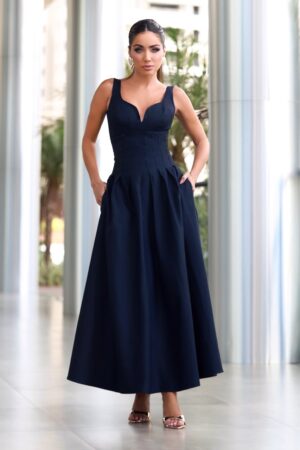 VESTIDO MIDI RECORTE V BUSTO E PREGAS NA SAIA AZUL MARINHO